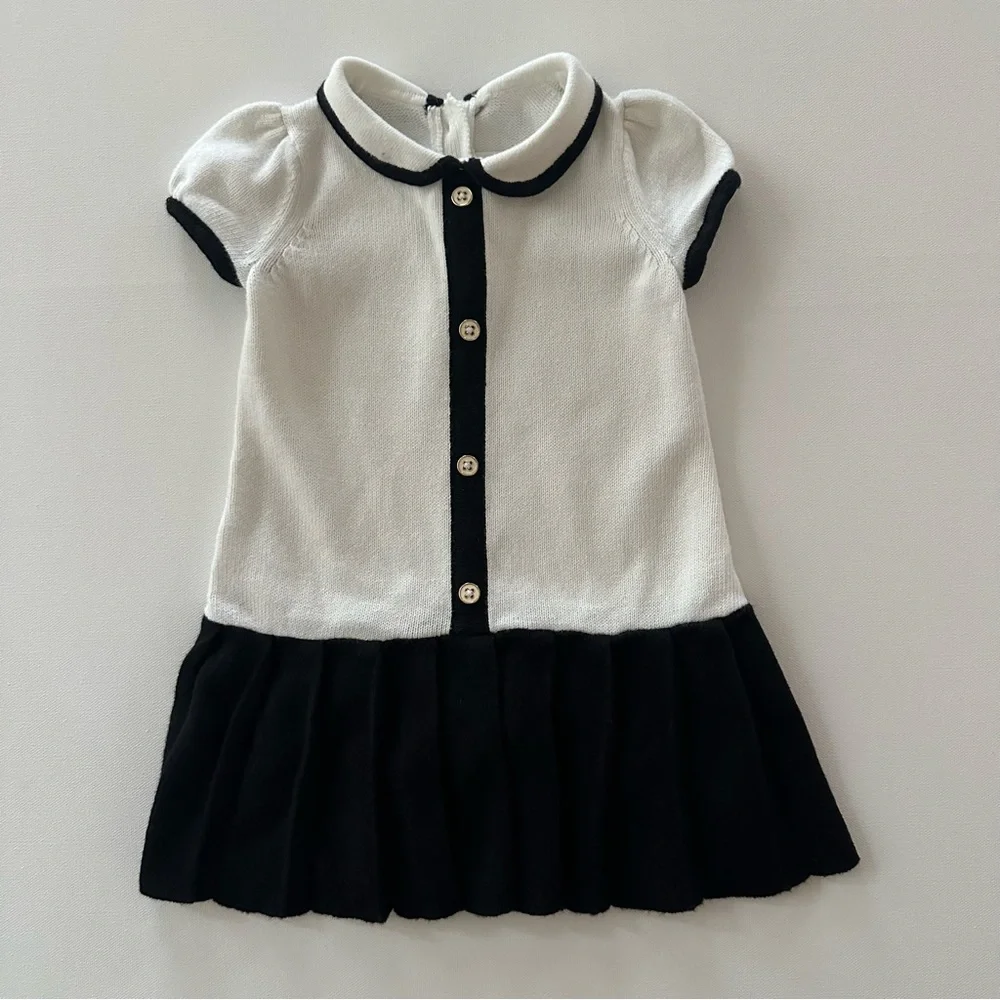 Janie and Jack 12-18 Months Baby Girl Knit Dress White Black Pleated Collared